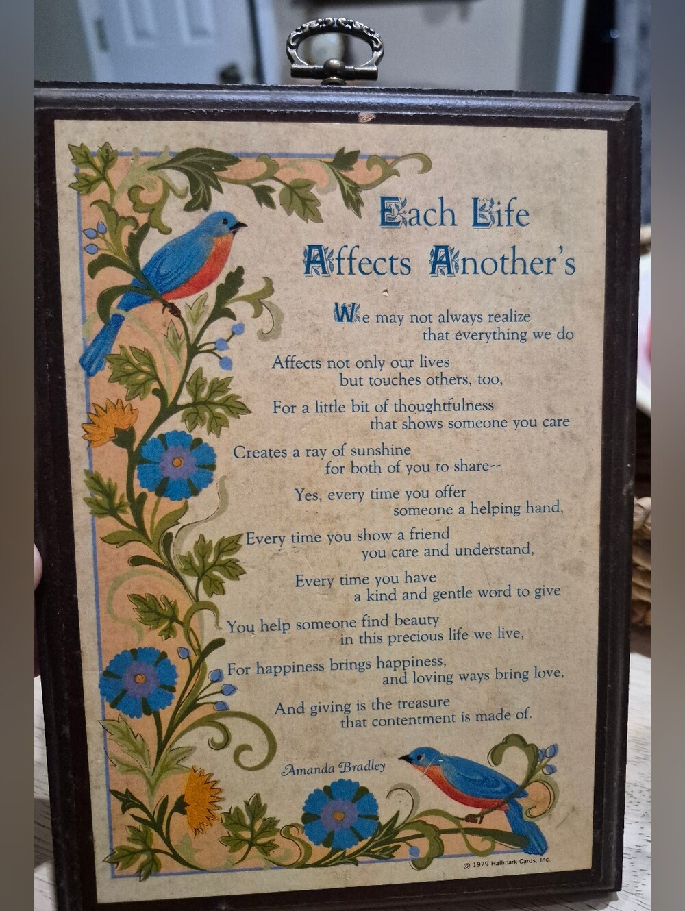 1979 Hallmark Wooden Wall plaque With "Each Life Affects Another's" Poem